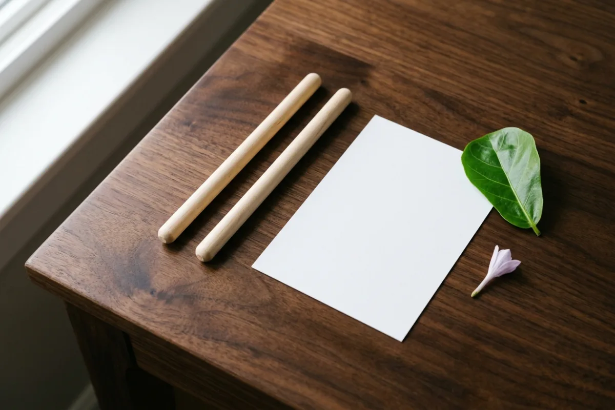 Two plain thin wooden sticks placed side by side on a walnut table next to a blank white card, a small green tropical leaf, and a pale lilac flower bud.
