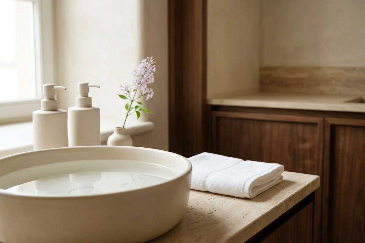 Ivory stone wash counter with a ceramic bowl of clear water and a folded dry towel in the foreground, and two unlabelled matte bottles set aside near the window.