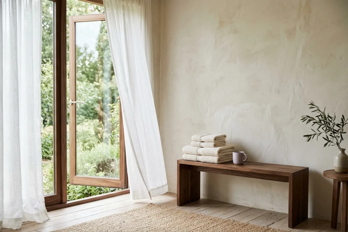 Walnut bench with folded ivory towels and a pale lilac ceramic cup beside an open window with sheer white curtains gently moving in the breeze.