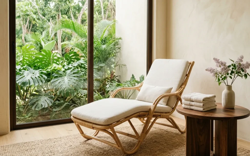 Bright spa lounge corner with a woven rattan chair, a walnut side table holding folded ivory towels and pale lilac flowers in a ceramic vase, and soft daylight filtering through tropical leaves outside the window.