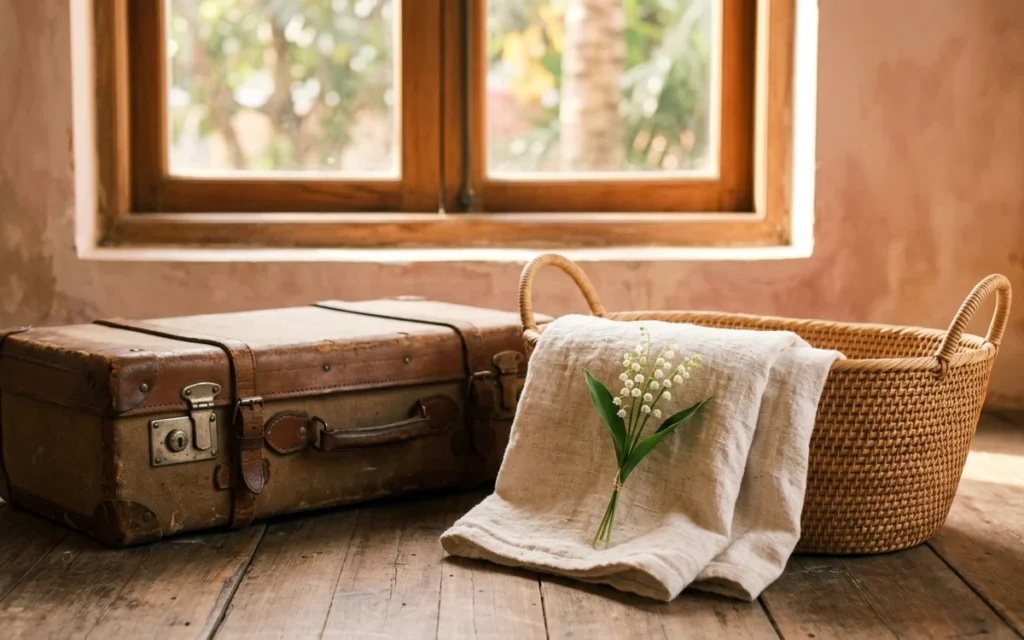 Illustration: vintage suitcase, rattan basket, folded linen towel and lily of the valley by a window
