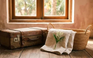 Illustration: vintage suitcase, rattan basket, folded linen towel and lily of the valley by a window