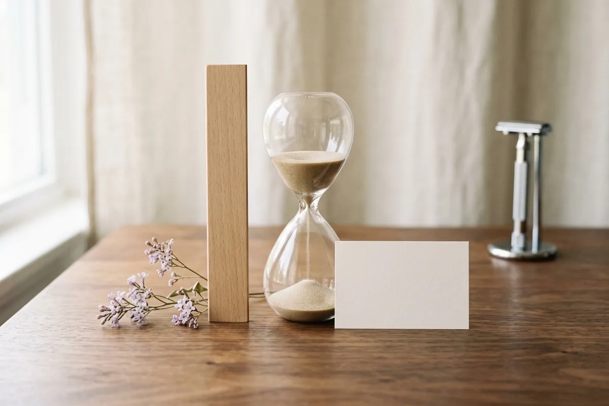 Mặt bàn gỗ óc chó bày thanh gỗ nhỏ, đồng hồ cát bằng thủy tinh, tấm thiệp trắng trơn, nhành hoa tím nhạt và chiếc dao cạo đặt ở phía xa.