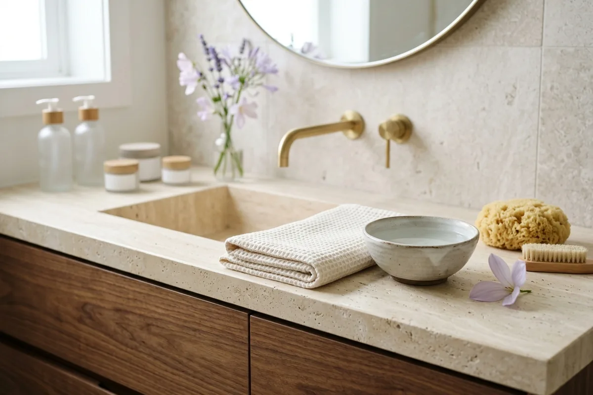 Bồn rửa mặt bằng đá màu kem với khăn khô gấp gọn và bát nước trong ở phía trước, các lọ đựng mỹ phẩm không nhãn được xếp gọn sang một bên.