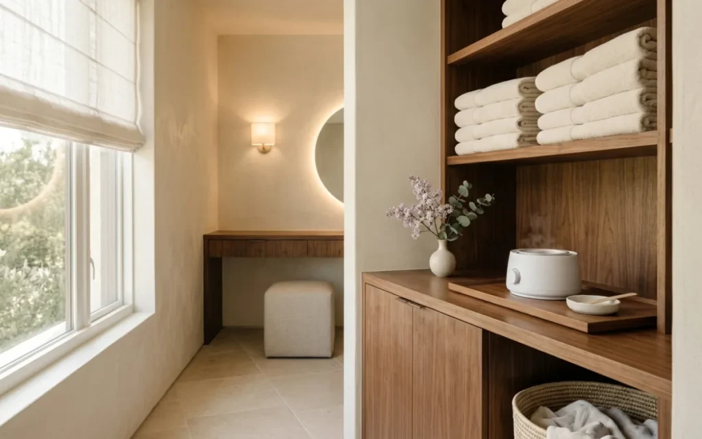 Không gian chuẩn bị tại spa với kệ gỗ óc chó, khăn màu kem xếp gọn gàng, nồi nấu sáp trên khay gỗ và bình hoa màu tím nhạt dưới ánh sáng dịu nhẹ.