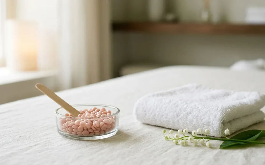 Minh họa: một bát nhỏ chứa hạt sáp hồng nhạt và que gỗ, bên cạnh là khăn bông trắng gấp gọn và nhánh hoa linh lan