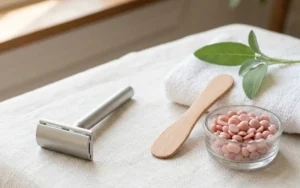 Minh họa: dao cạo và que gỗ lấy sáp trên nền vải lanh màu ngà