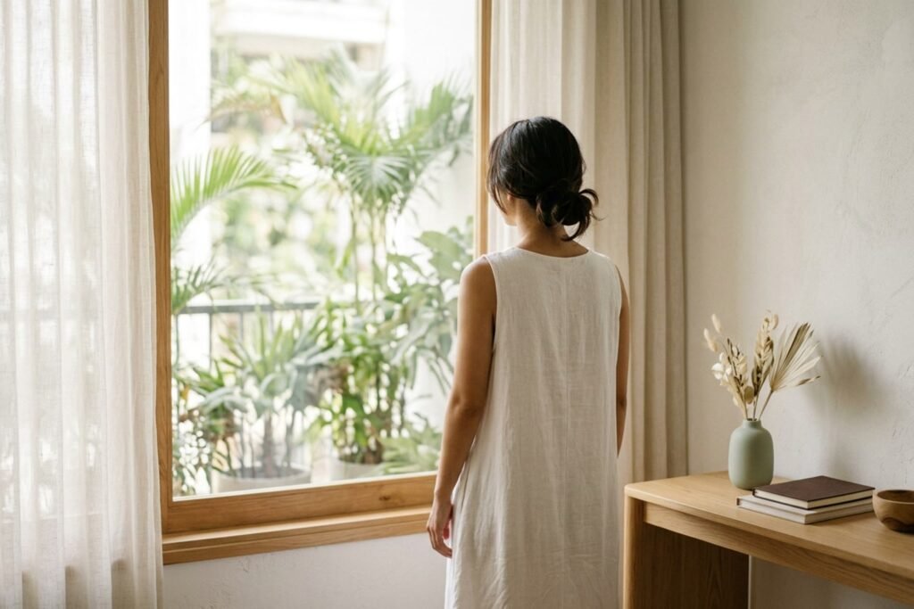Minh họa: người phụ nữ mặc váy trắng đứng cạnh cửa sổ (nhìn từ phía sau)